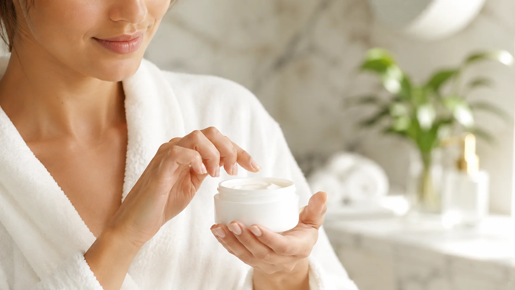 Close-up of a woman in a white robe applying cream from a jar with a serene bathroom and spa setting in the background.